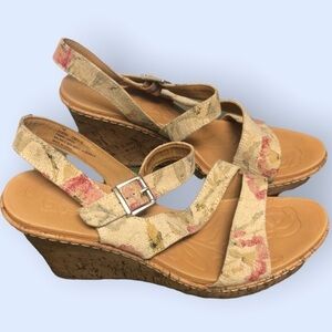 Floral fabric strap cork wedge sandals. Sz 11